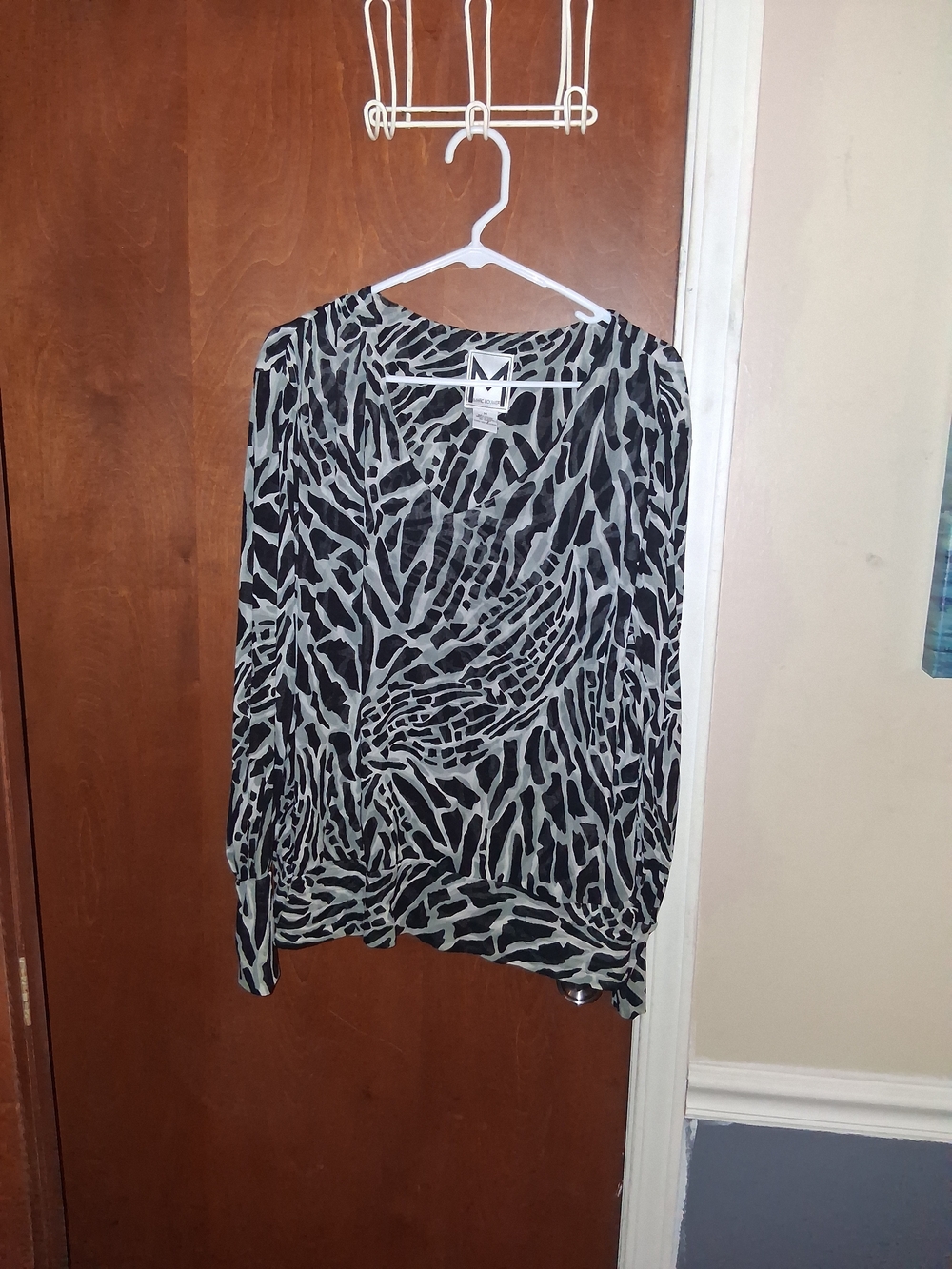 Marc Bouwer Sheer Black and Gray Abstract Animal-Print Blouse